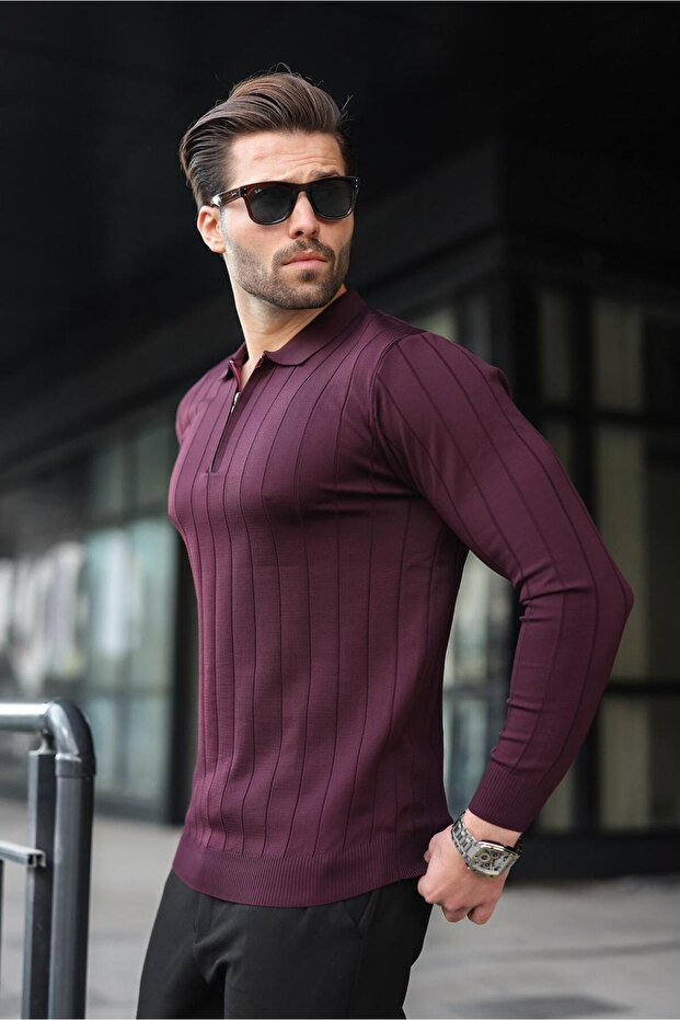 Burgundy Polo Neck Zippered Knitted Sweater 7242