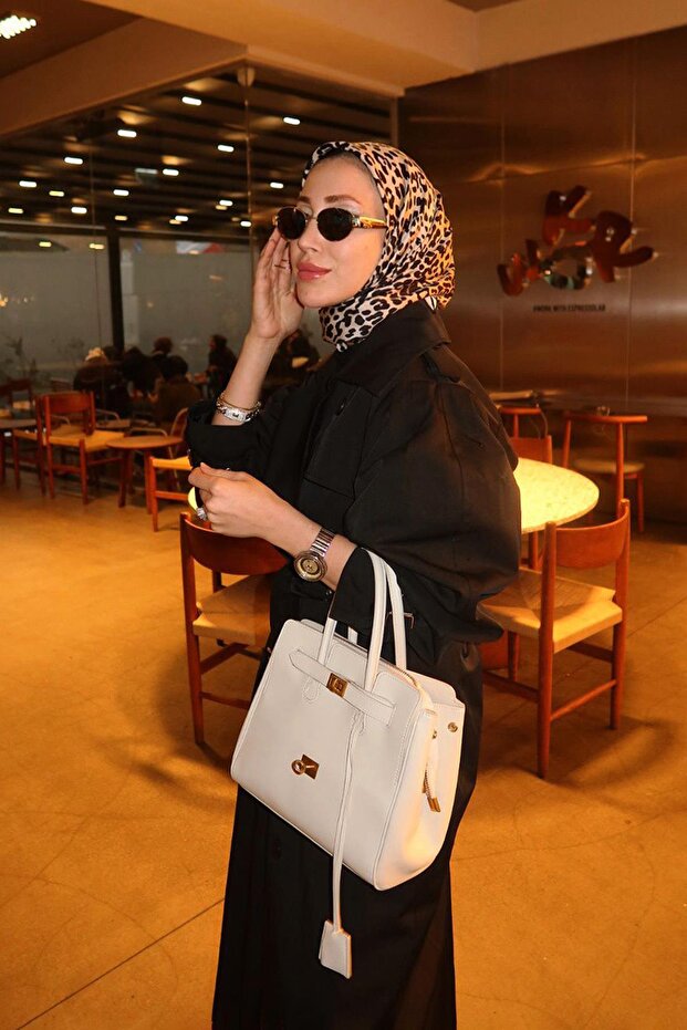 White Leather Handbag with Accessory Detail