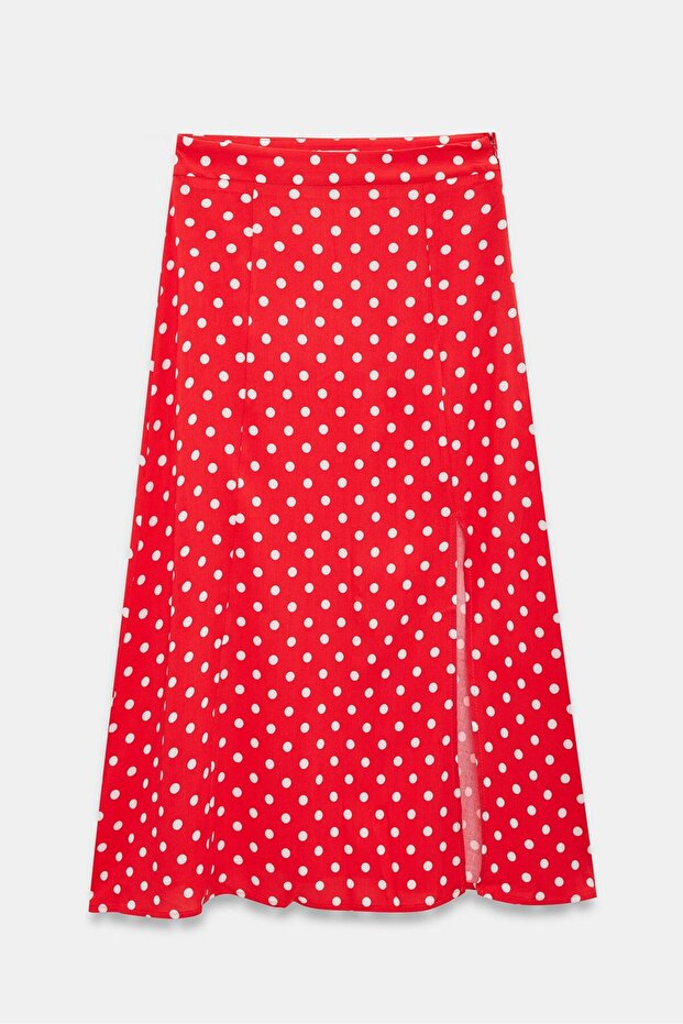 Polka Dot Slit Detailed Viscose Fabric Midi Woven Skirt