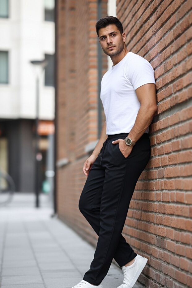 Erkek Bel Lastikli Düz Paça Dar Basic Siyah Pantolon - 4