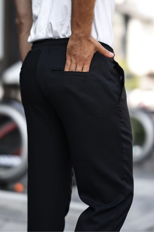 Erkek Bel Lastikli Düz Paça Dar Basic Siyah Pantolon - 3