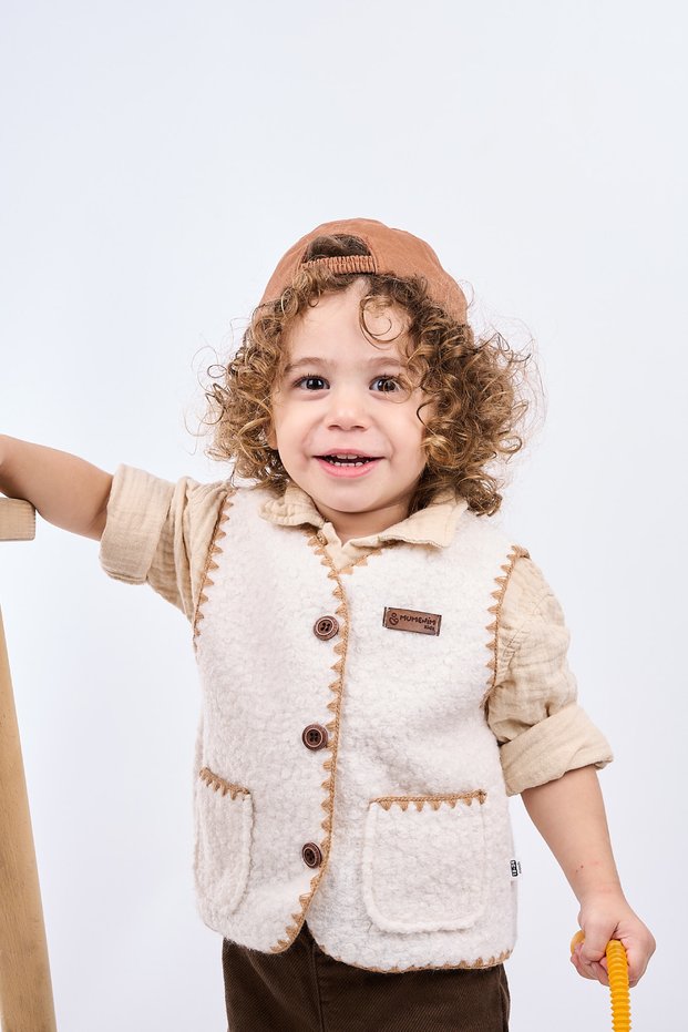 Plush Textured Cotton Unisex Baby Beige Vest |   Warm, Buttoned Casual & Stylish Winter Children's Vest