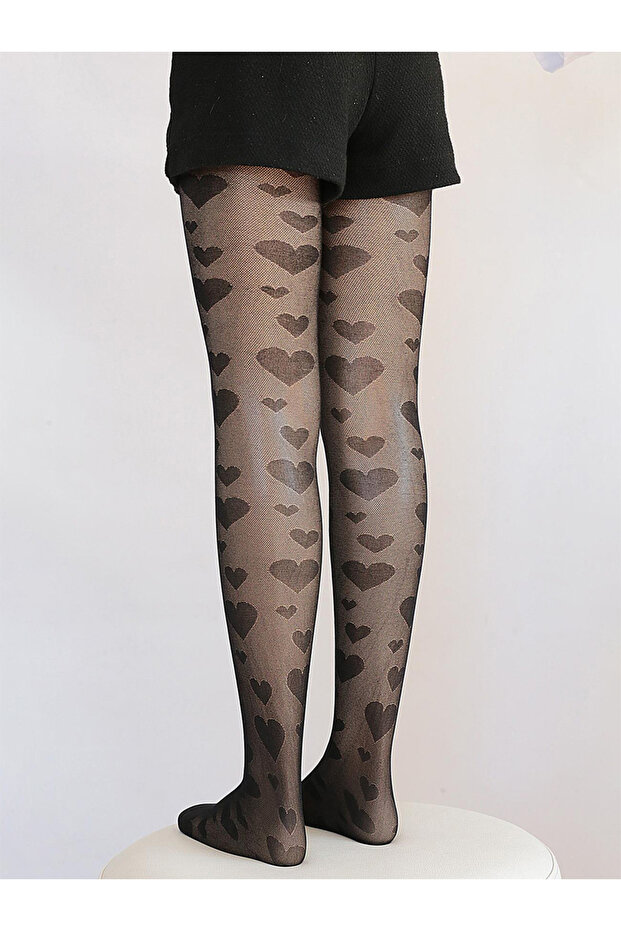 Heart Patterned Girl's Black Pantyhose Mus Socks - 2
