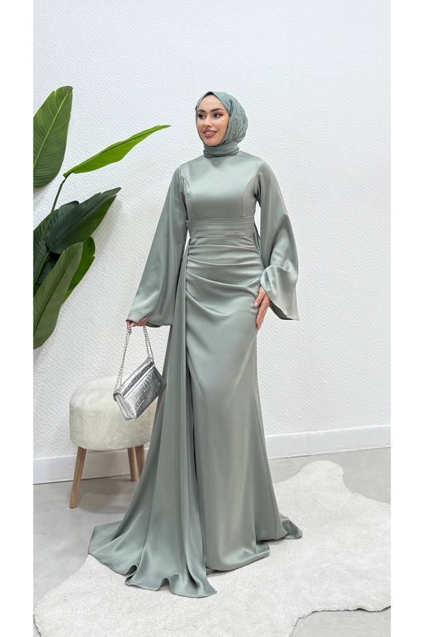 Bell Sleeve Tailed Satin Modest Evening Gown