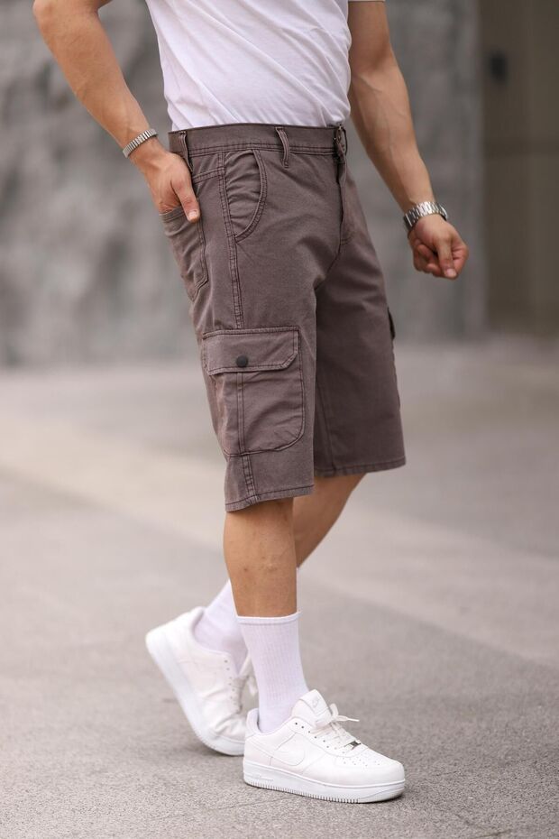 Men's Cotton Loose Stretchy Cargo Pocket Burgundy Capri Shorts