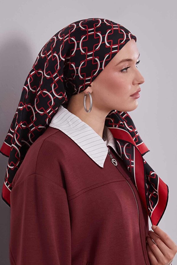 وشاح حريري بنمط بيضاوي أحمر - 2