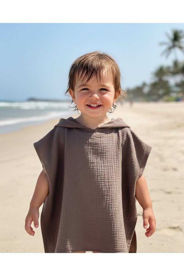 Muslin Poncho Hooded for Girls and Boys Sea, Beach, Pool / Dark Brown