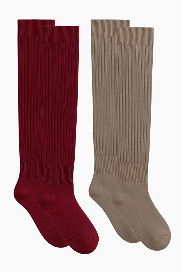 2 Çift Basic Lastikli Kalın Pamuk Karışımlı Diz Üstü Çorap - 1