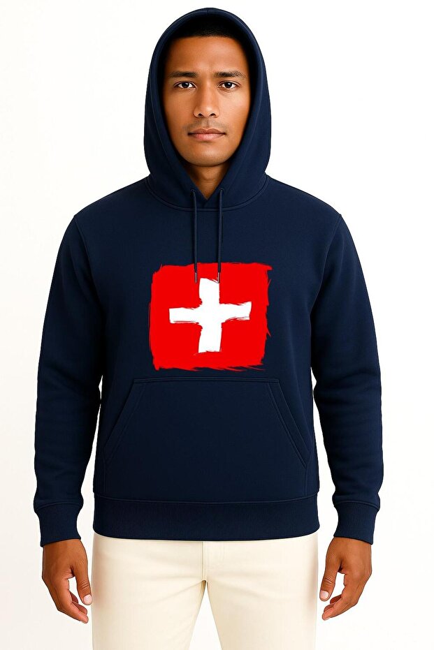 Hooded Swiss Flag Chest B Printed Unisex Sweatshirt