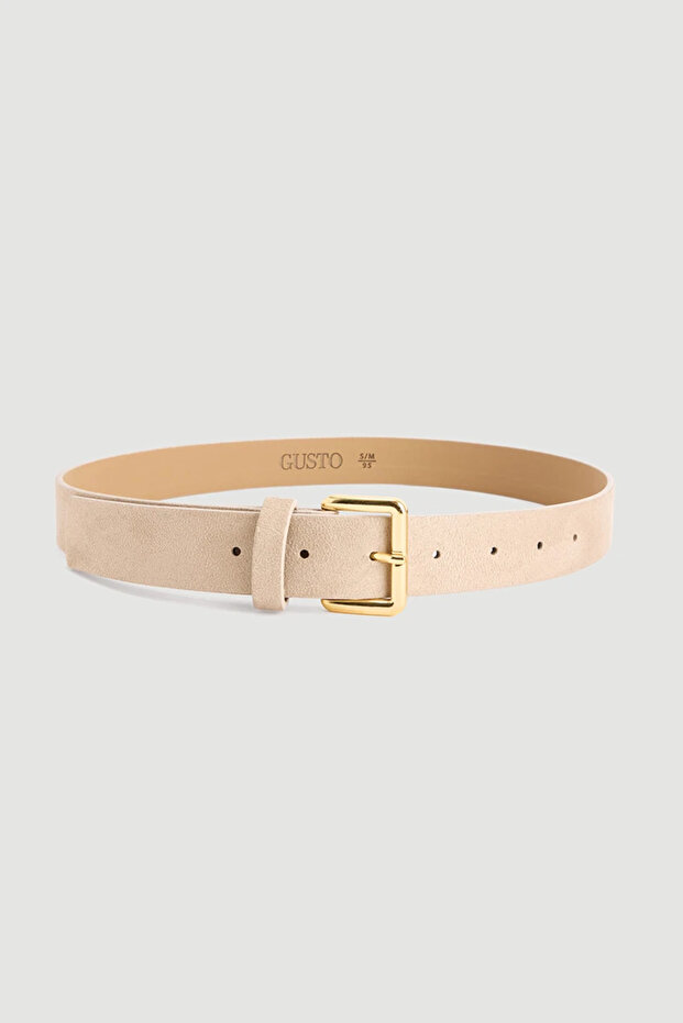 Square Buckle Faux Suede Belt - Beige