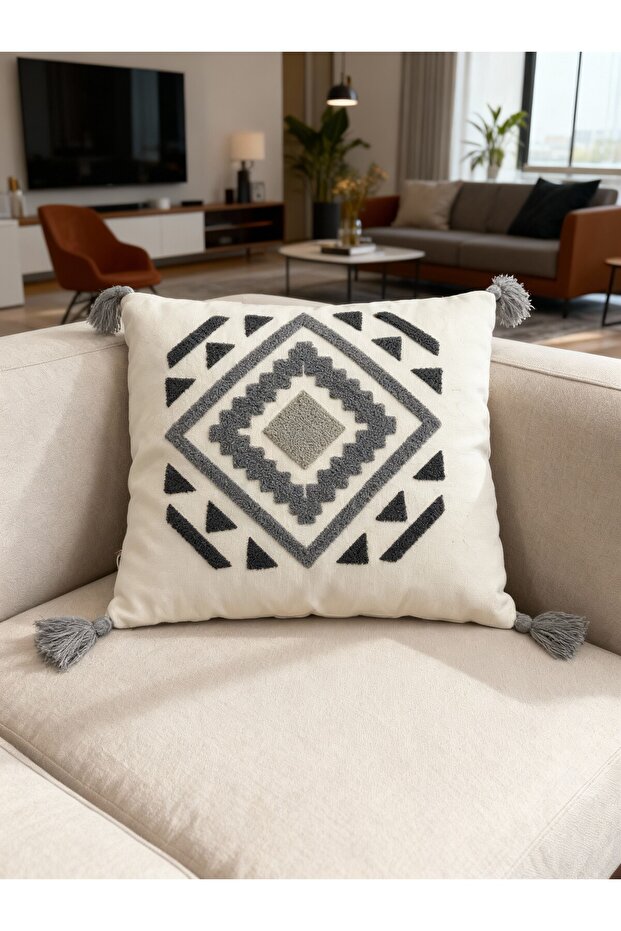 Punch Embroidered Throw Pillow Cover Gray Anthracite 1 Piece Woven Decorative Modern Tufted Pompom Soft