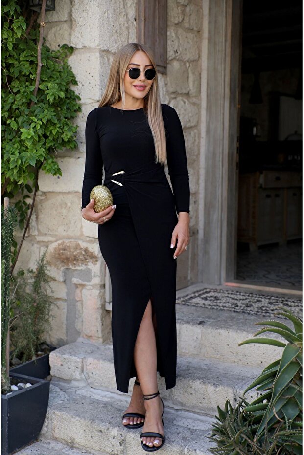Women's Sandy Fabric Buckle Long Sleeve Maxi Dress
