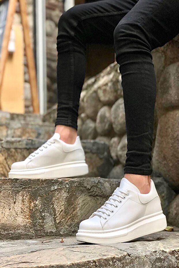 White Leather Lace-up High-Sole Men's Sneaker