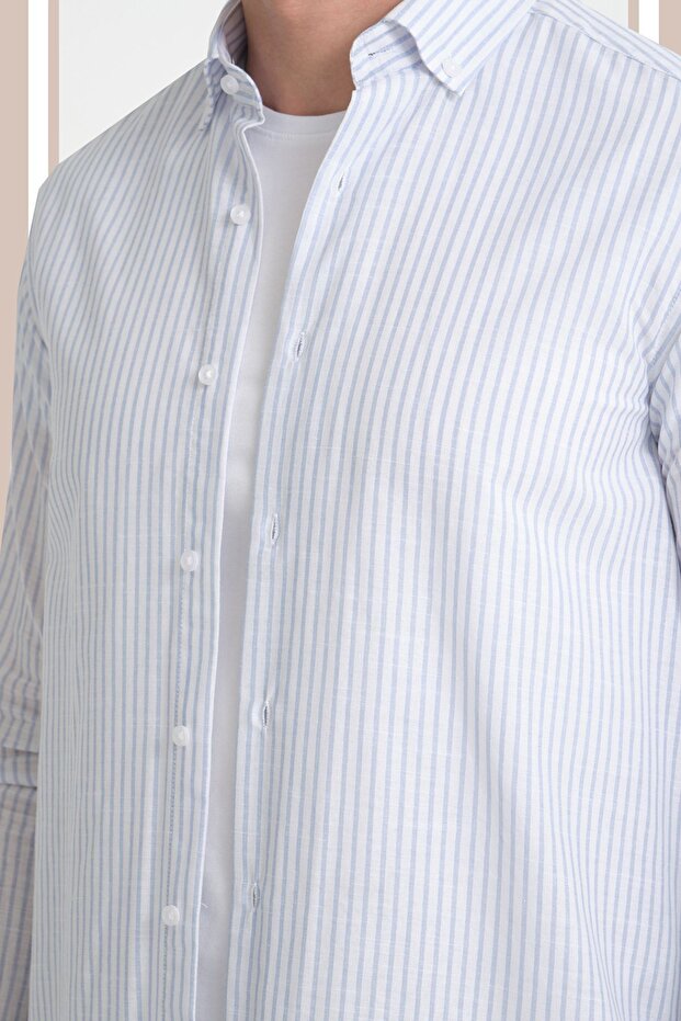 Men's Blue Striped Pocketless Linen Effect Wide Cut Long Sleeve Shirt