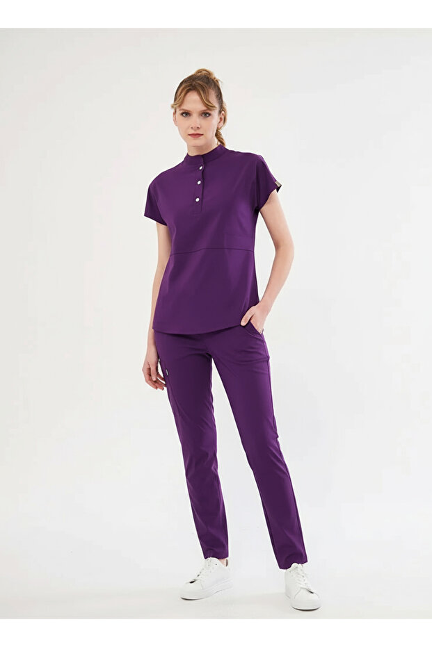 Nova Purple Straight-Leg Women's Stretch Fabric Mandarin Collar Half Placket Snap-Button Stretchy Nurse and Doctor Uniform Scrubs