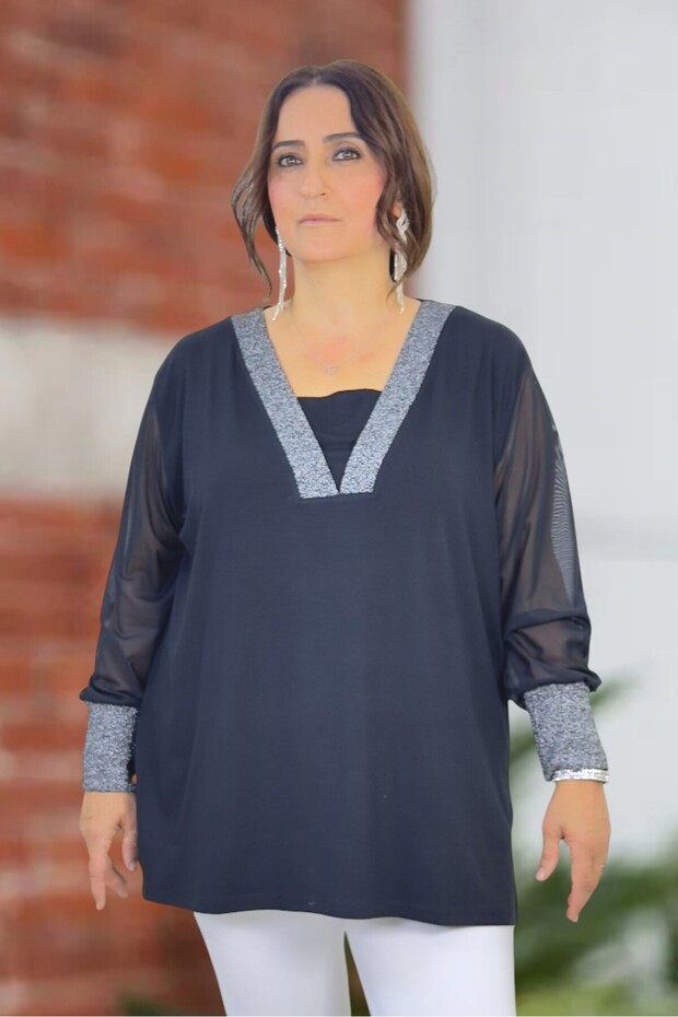Silvery Sleeves on the Neck and Sleeves Chiffon Mini Slit V-Neck Plus Size Blouse
