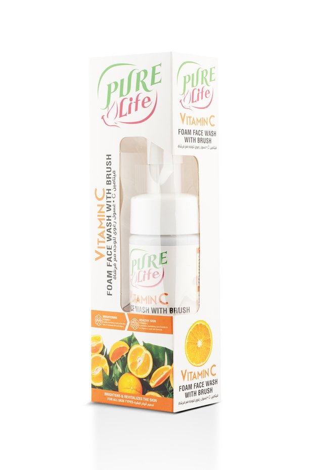 PURE LIFE Vitamin C Foaming Face Wash with Silicone Brush – Brightening & Hydrating, 150ML