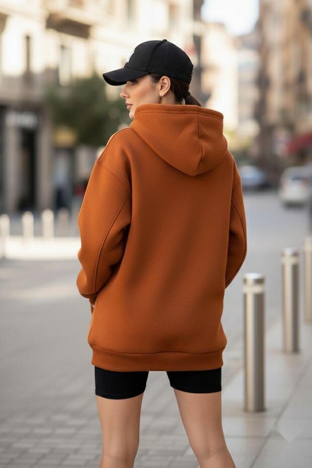 Oversize Polarlı Premium Kalın Sweatshirt Taba - 2