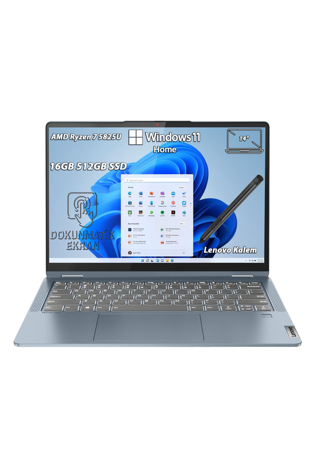 IdeaPad Flex 5 14ABR8 AMD Ryzen 7 5825U 16GB 512GB SSD 14" WUXGA Dokunmatik W11H 82XX00FKTX + Kalem - 1