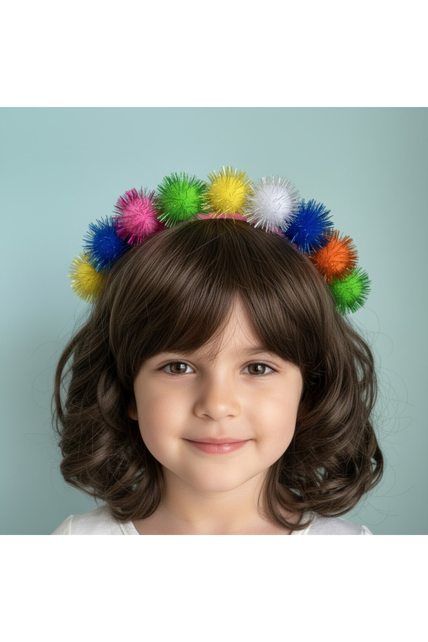 Colorful Children's Party Crown with Glitter Pompoms