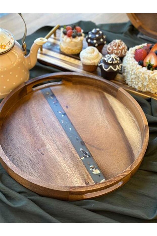 صينية أكاسيا دائرية كبيرة الحجم مقاس 38 سم