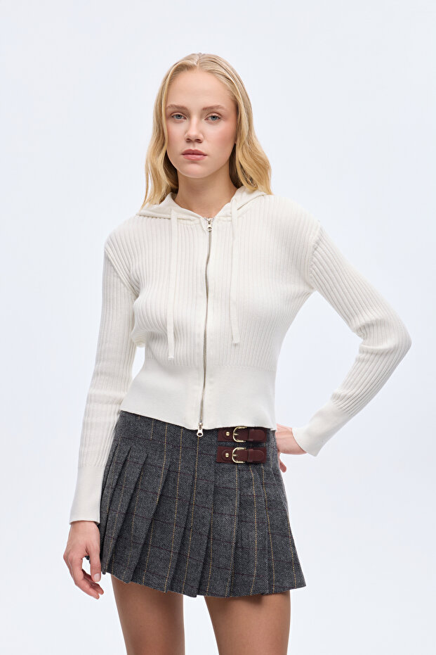 Zippered Hooded Knitwear Cardigan Ecru