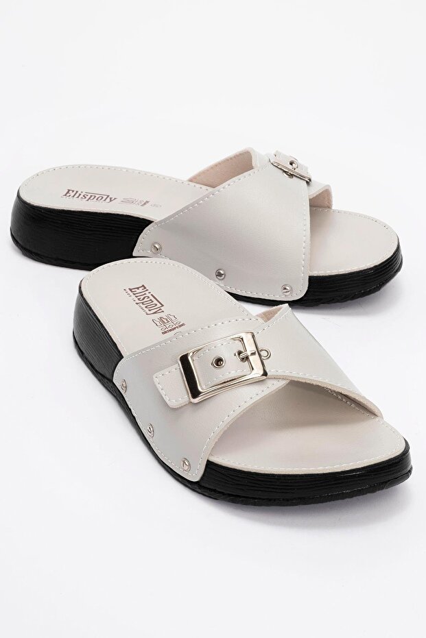 Women's Slippers with Single Buckle Belt Beige