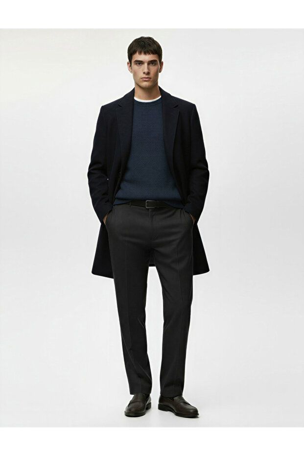 Buttoned Pocketed Double-Breasted Collar Long Cashmere Coat