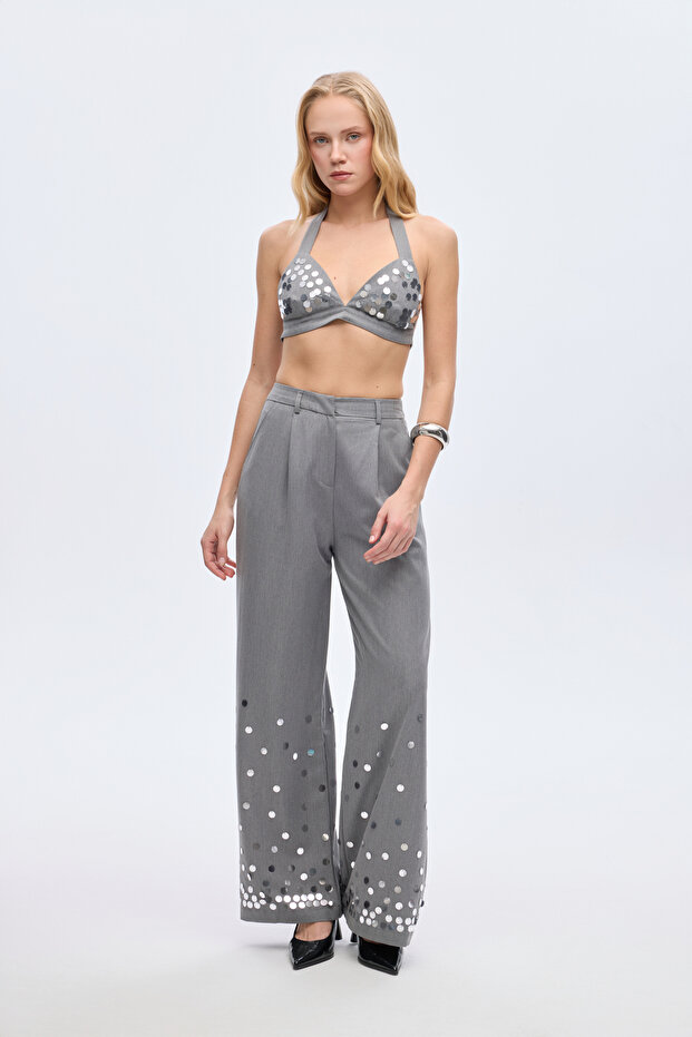 Payet İşlemeli Büstiyer Bluz Gri - 4