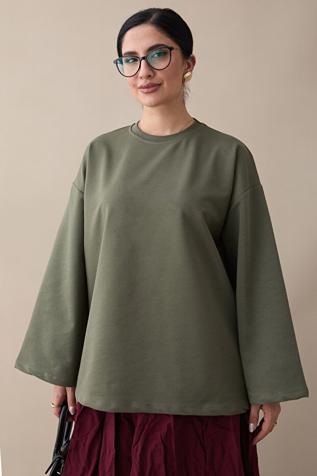 Oversize Geniş Kol Haki Sweat - 5