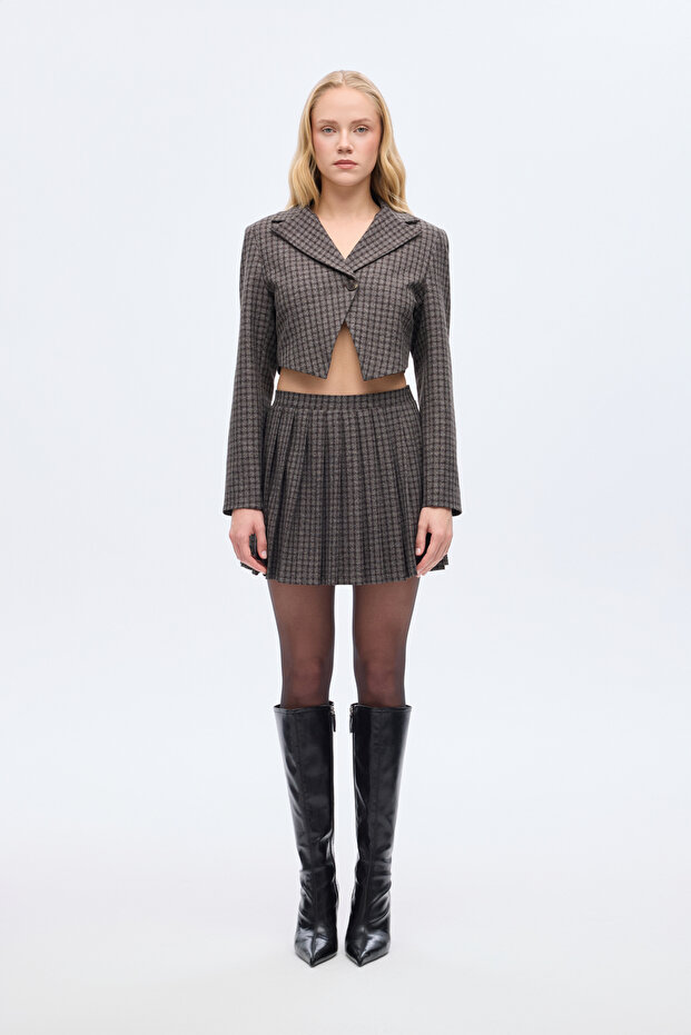 سترة بليزر منقوشة بزر واحد باللون البني - 3