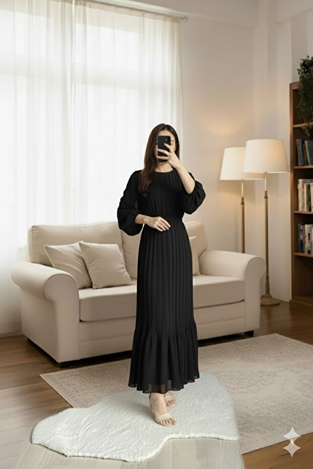 Piliseli Şifon Tesettür Elbise - 6