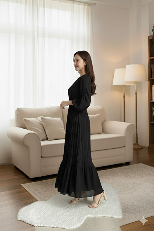 Piliseli Şifon Tesettür Elbise - 3