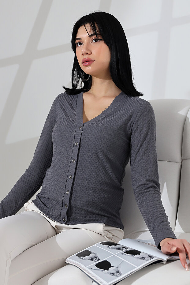 Korent Women's Soft Textured Slim Fit Basic Buttoned Square Jacquard Short Cardigan - Smoked