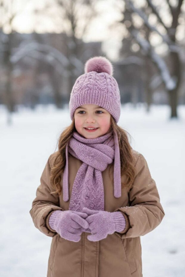 4-8 Years Old Girls' Fleece Scarf, Beanie, Gloves 3-Piece Set