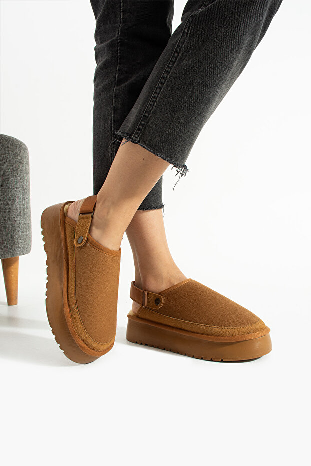 Taba Süet İçi Yünlü Kalın Taban Sandalet - 2