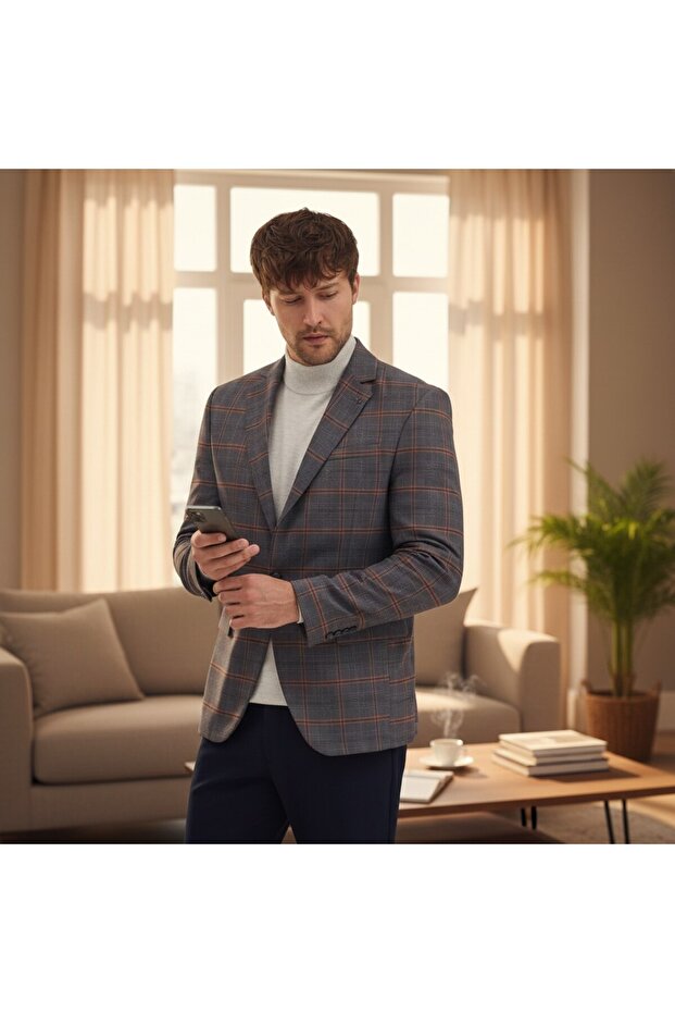 Maregas Men's Navy-Mustard Cotton Plaid Slim Fit Mono Collar Sports Blazer Jacket