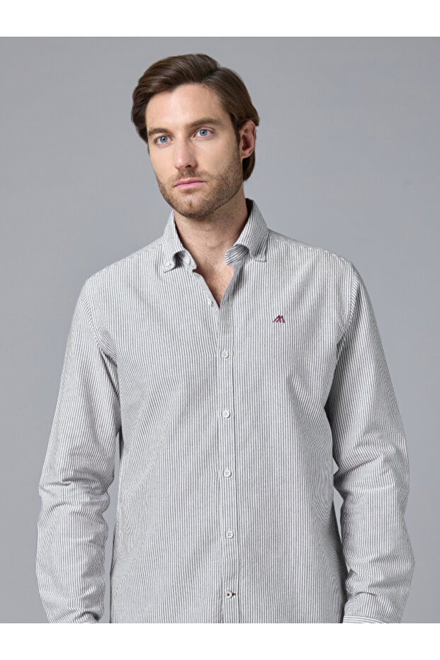 The Storm Stripe – Dark Grey Oxford Shirt with Moody Pinstripes, Slim Fit