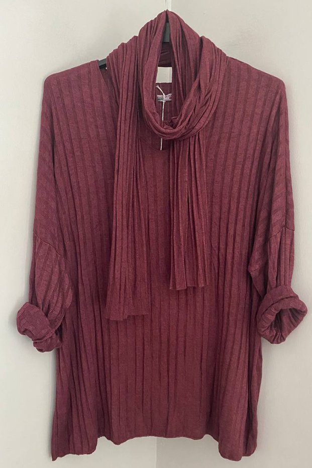 Women's Italian Burgundy V-Neck Scarf-Style Striped Patterned Loose Knit Blouse