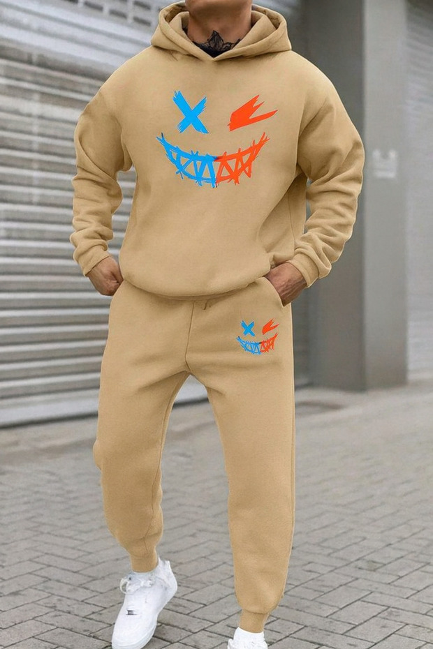 Men's 3 Thread Sh Fleece-Lined Color B Printed Tracksuit Set O Oversized Hoodie and Jogger Pants