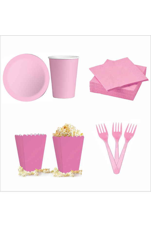 8 Pink Plates, 8 Pink Cups, 8 Pink Corn Boxes, 10 Pink Forks, 10 Pink Napkins