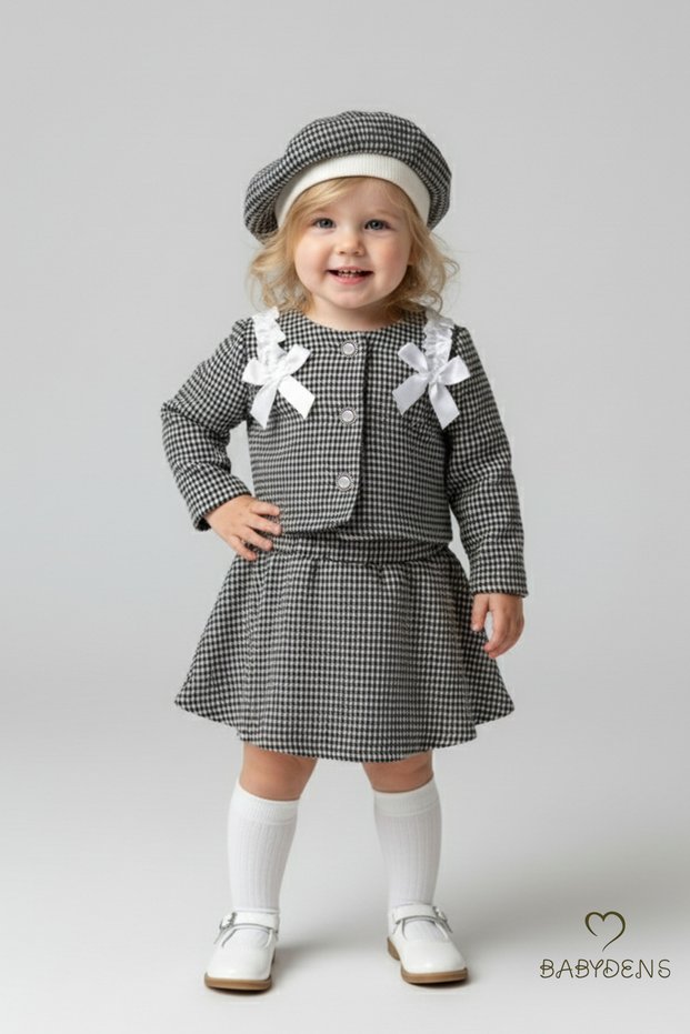 Baby Girl Winter Dress, Skirt, Jacket, Hat Set, Lumberjack Fabric Spring Set, 3-Piece Combination with Buttons and Bow