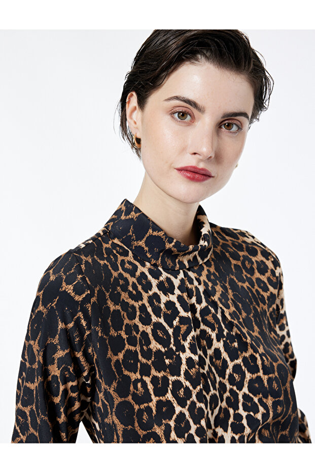 Long Sleeve Mock Neck Leopard Print Blouse