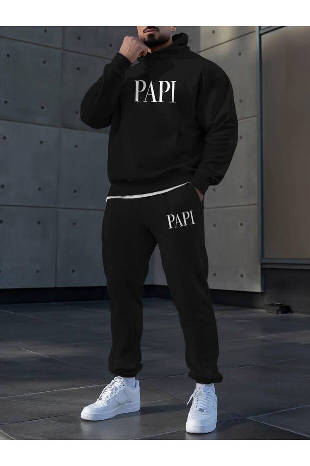 طقم رياضي رجالي مكون من مبطن بالصوف قطع من PAPI موديل O قصة فضفاضة يتضمن هودي وبنطلون جوجر