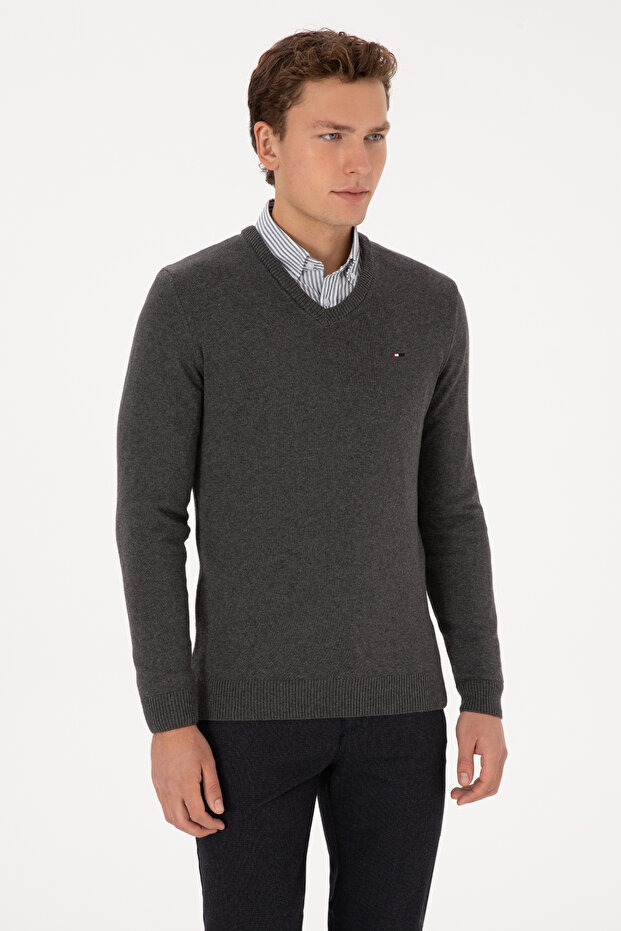 Men's Slim Fit V-Neck Anthracite Melange Basic Sweater 50313668-Vr081