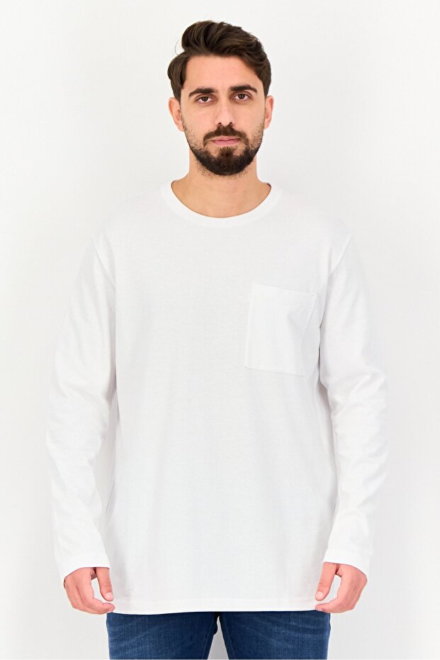 Men Crew Neck Long Sleeve Plain T-Shirt, White - 1