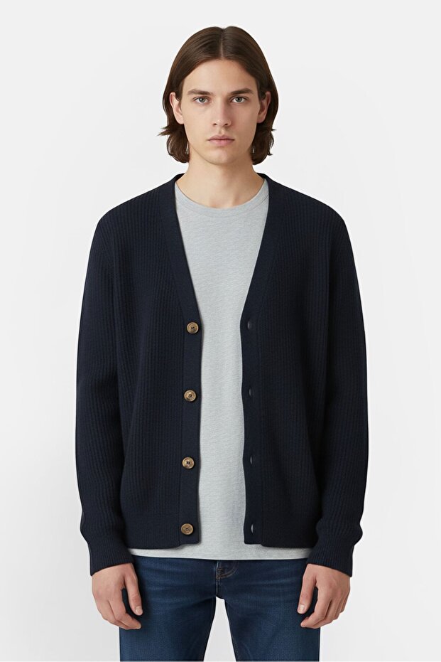 Men V-Neck Knitted Cardigans, Navy Blue