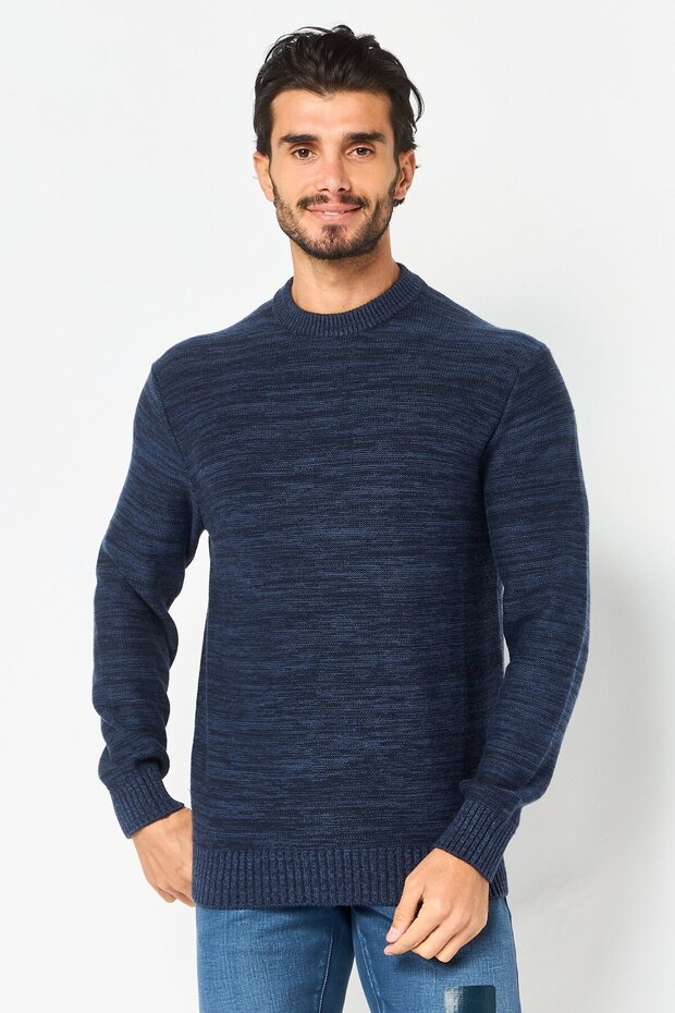 Men Crew Neck Textured Long Sleeve Sweater, Navy