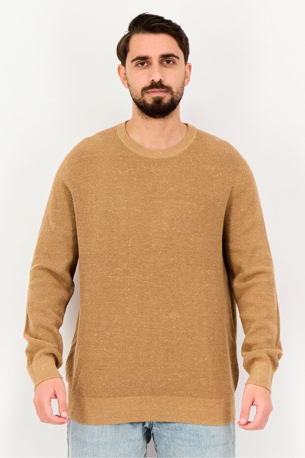 Men Crew Neck Textured Long Sleeve Sweater, Brown