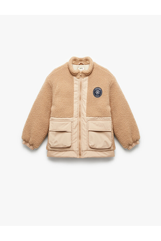 Long Sleeve Mock Neck Zippered Pocket Fleece Detailed Jacket